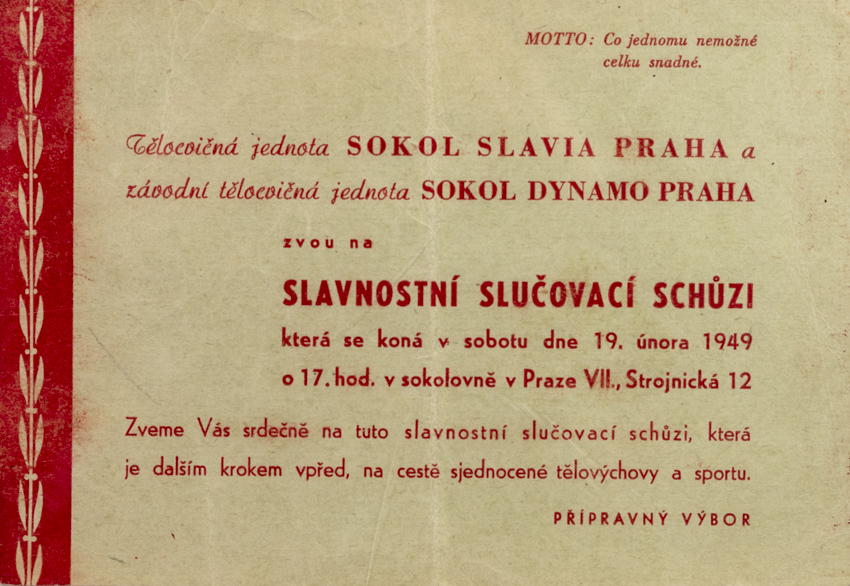 Pozvánka na slučovací schůzi Slavia a Sokol Dynamo Praha, 1949