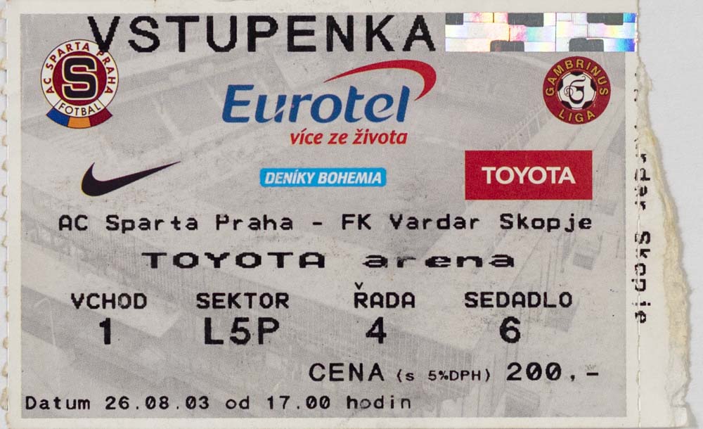 Vstupenka fotbal, AC Sparta Praha v.Vardar Skopje, 2003