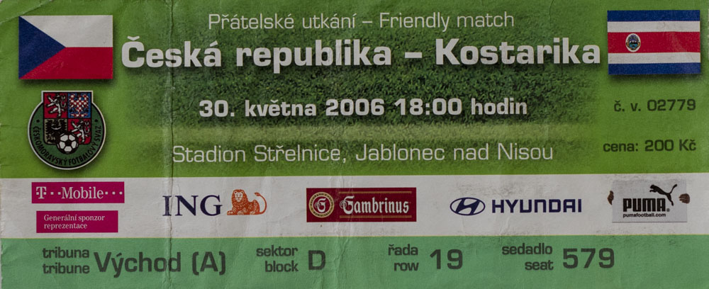 Vstupenka fotbal, ČR v. Kostraika, 2006