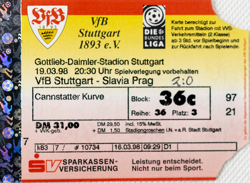 Vstupenka fotbal VfB. Stuttgart vs. Slavia Prag, 1998