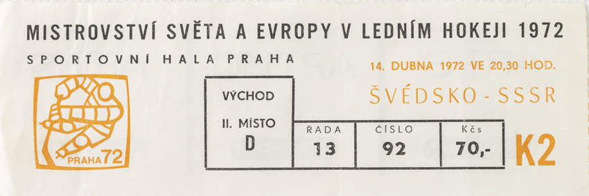Vstupenka, MS hokej Praha, Švédsko v. SSSR, 1972