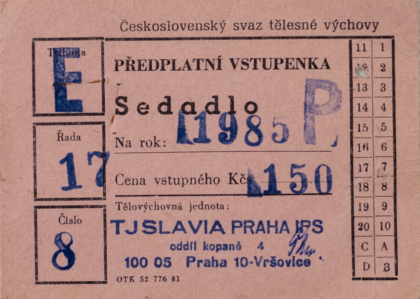 Vstupenka předplatná, TJ Slavia Praha IPS, 1985
