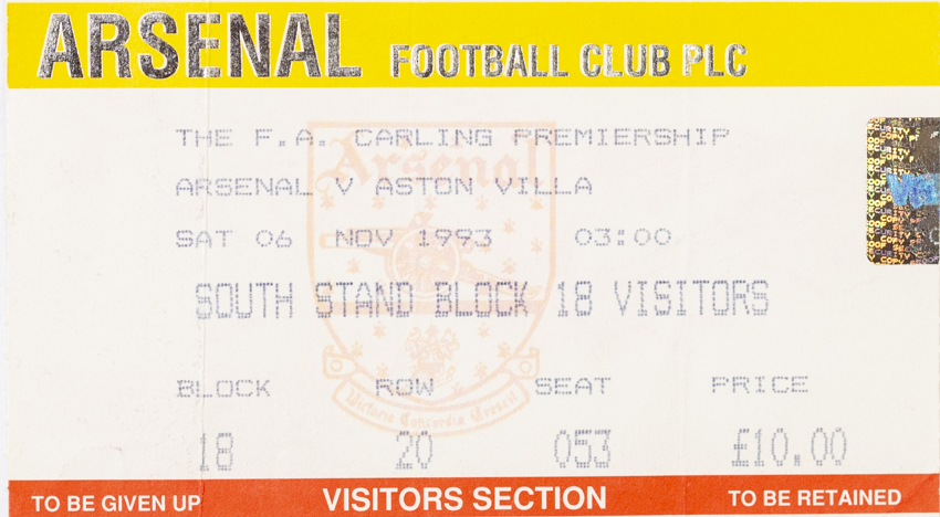 Vstupenka fotbal, Arsenal London v.Aston Villa, 1993