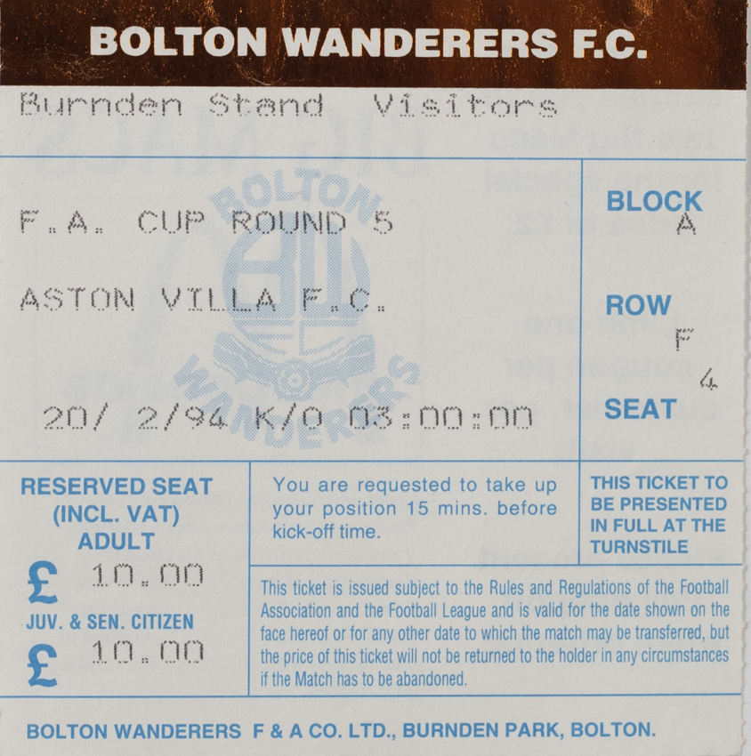 Vstupenka fotbal, Bolton Walderers F.C. v.Aston Villa, 1994