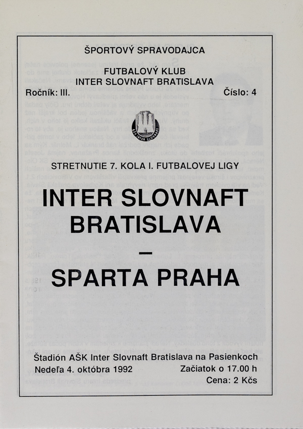 Program k utkání Slovnaft vs. Sparta Praha, 1992