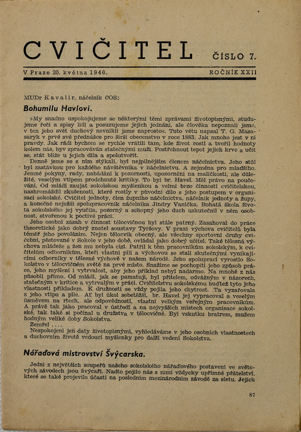 Sokol, Cvičitel, Ročník XXII, Číslo 7, 1946