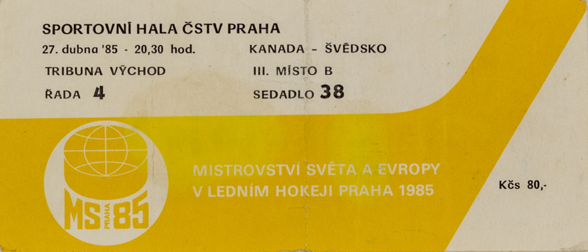 Vstupenka, MS hokej Praha, Kanada v. Švédsko, 1985