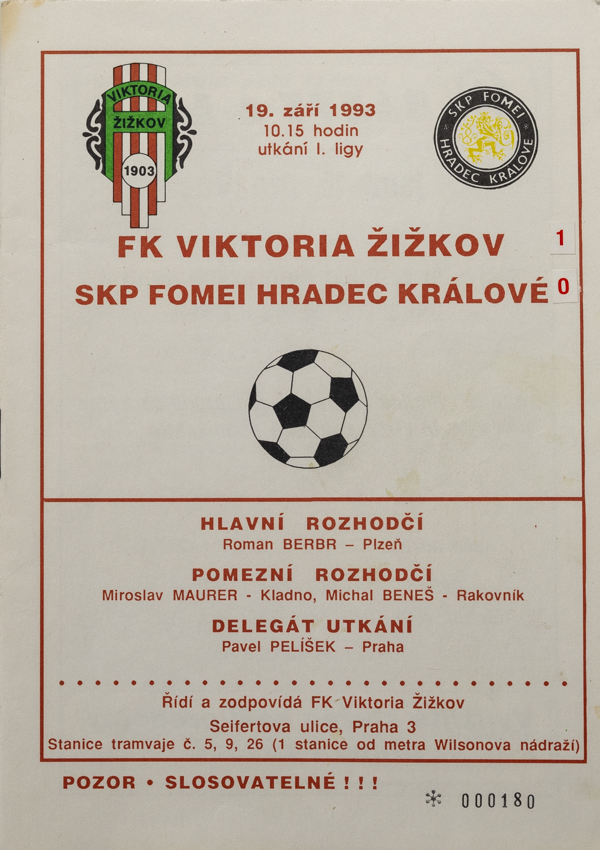 Program - fotbal, Žižkov vs. SK Hradec Kralové, 1993