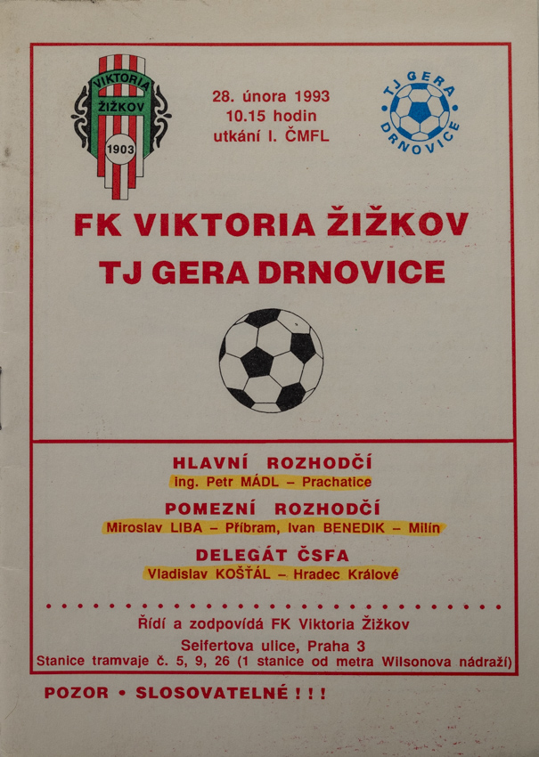 Program - FK Viktoria Žižkov vs. FC Petra Drnovice, 1993