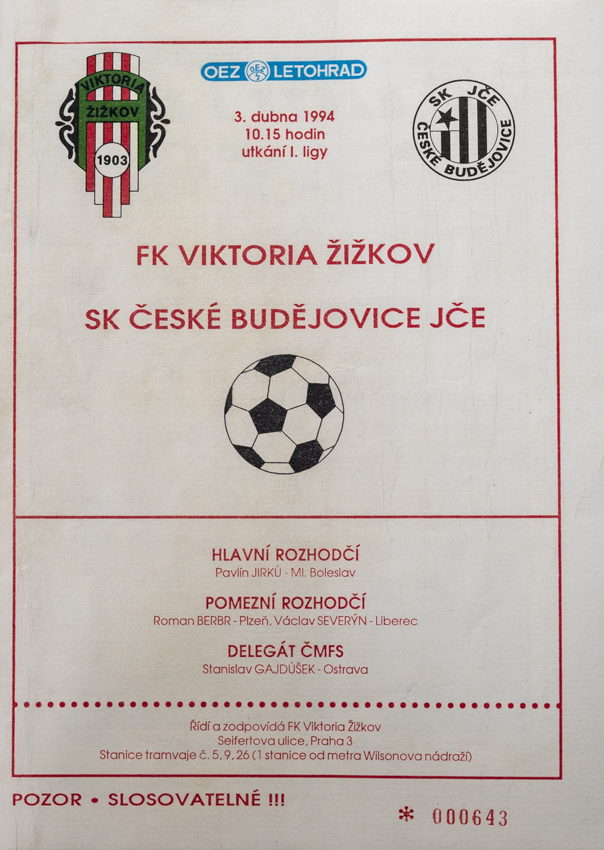 Program - FK Viktoria Žižkov vs. SK ČES. Budějovice, 1994