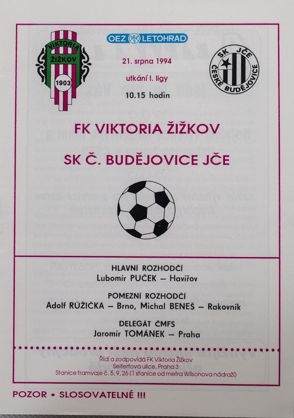 Program - FK Viktoria Žižkov vs. SK ČES. Budějovice, 8/1994