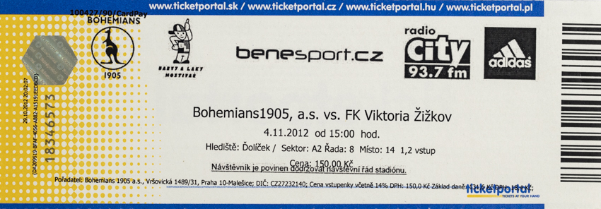 Vstupenka fotbal Bohemians 1905 v. FK Viktoria Žižkov, 2012