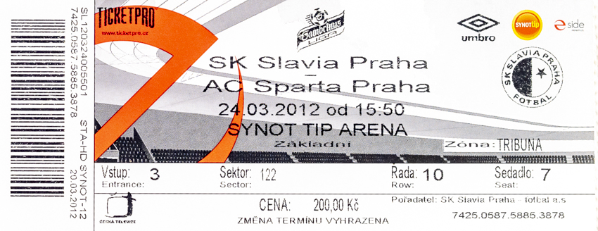 Vstupenka fotbal SK Slavia Praha vs. AC SPARTA Praha, 3/2012