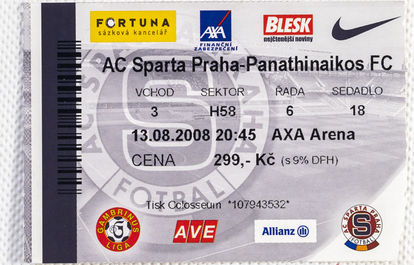 Vstupenka UEFA , Sparta Praha v. Panathinaikos FC, 2008