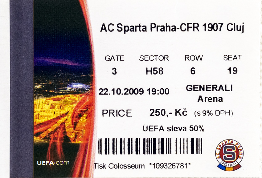 Vstupenka UEFA , Sparta Praha v. CFR 1907 Cluj, 2009