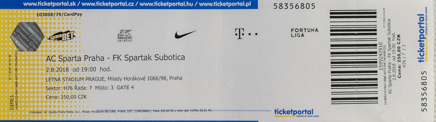 Vstupenka UEFA, Sparta Praha v. FK Spartak Subotica, 2016