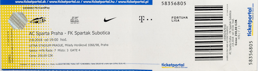 Vstupenka fotbal Ac Sparta Praha v. FK Spartak Subotica, 2018