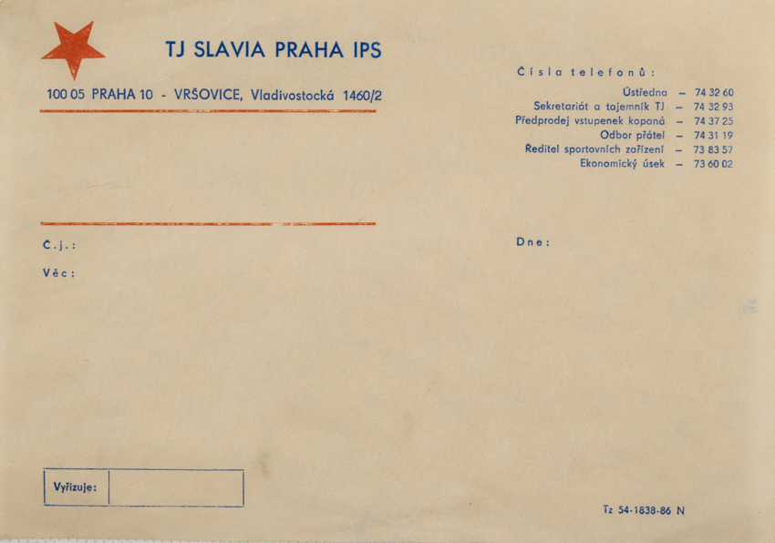 Hlavičkový papír TJ Slavia Praha IPS, malý