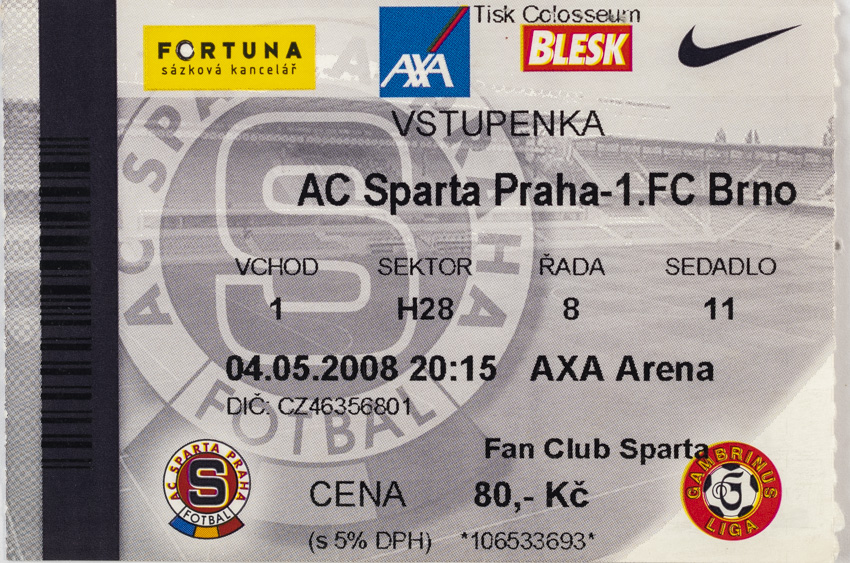 Vstupenka fotbal , Sparta Praha v. 1. FC Brno, 2008