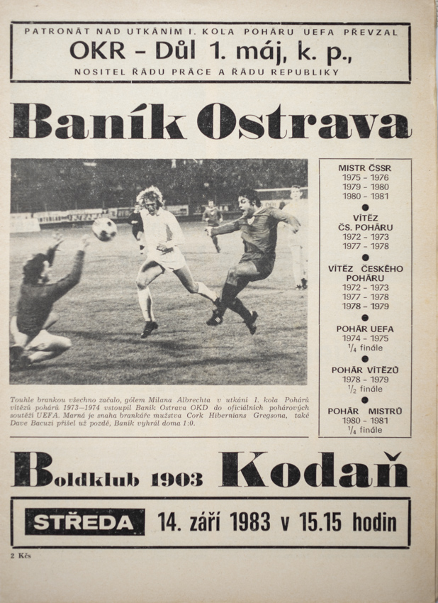 Program fotbal Baník Ostrava v. Boldklub 1903 Kodaň, 1983