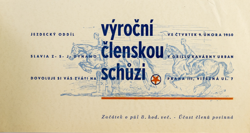 Pozvánka na výroční čl. svhůzi, SK Slavia Praha - Dynamo, jezdecký oddíl, 1950