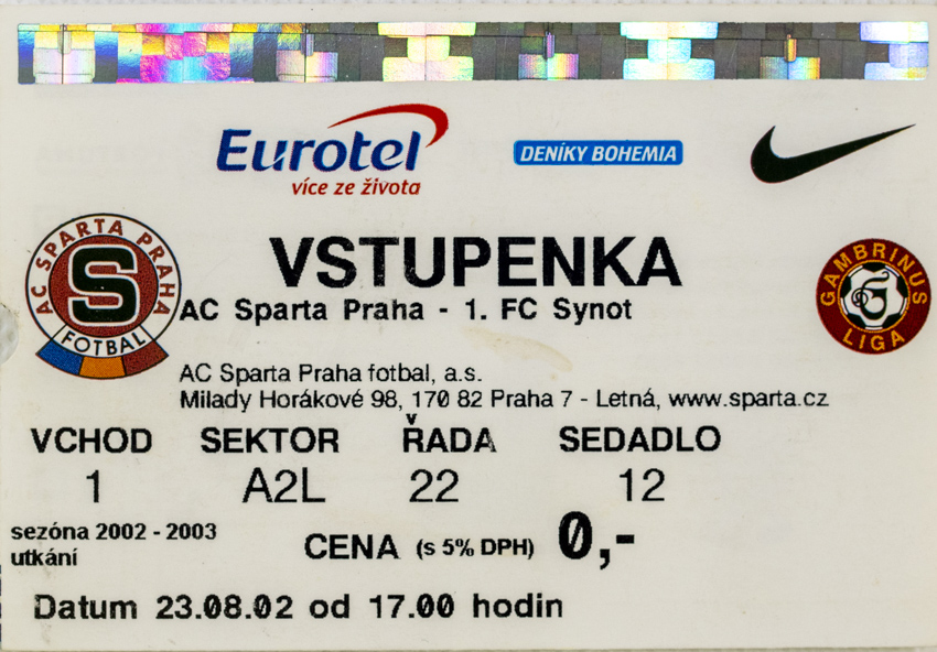 Vstupenka fotbal , Sparta Praha v. FC Synot, 2002