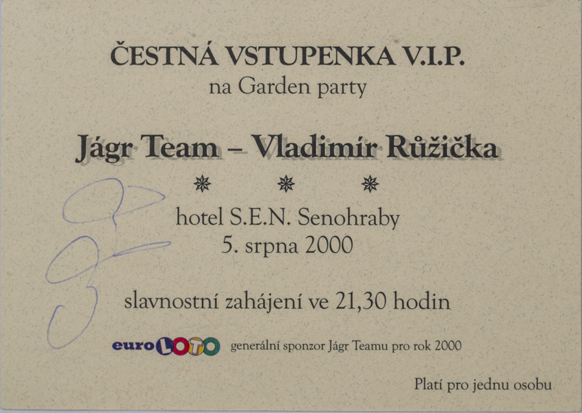Čestná vstupenka VIP, Jágr team v. Vladimír Růžička, 2000, autogram