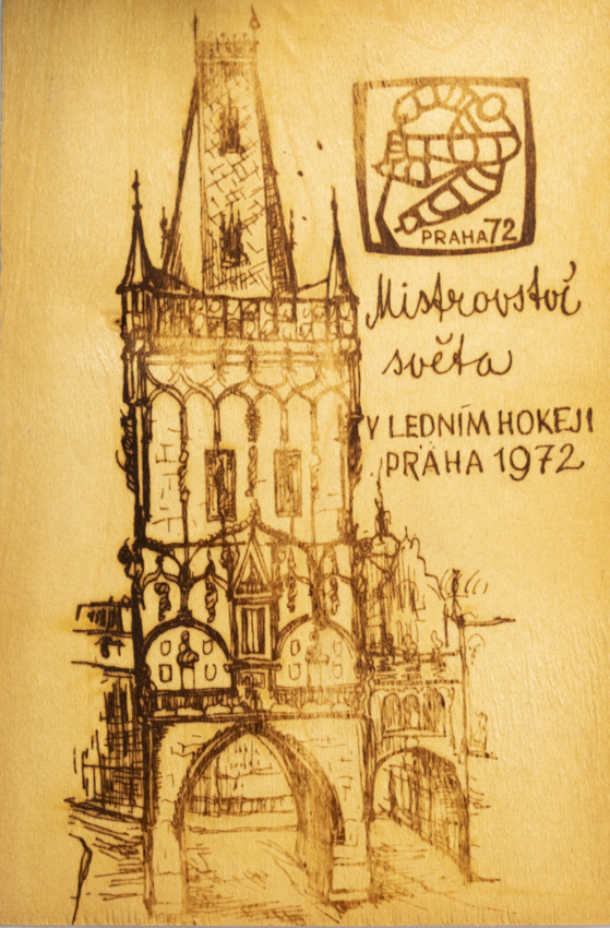 Dřevěná pohlednice - MS hokej, Praha 1972