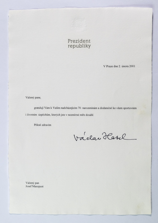 Dokument, Osobní blahopřání prezidenta Václava Havla J. Masopustovi k 70. narozeninám, 2001