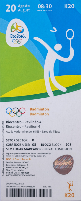 Vstupenka OG Rio 2016, Badminton II