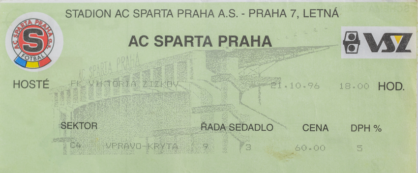 Vstupenka UEFA , Sparta Praha v. Viktoria Žižkov, 1996