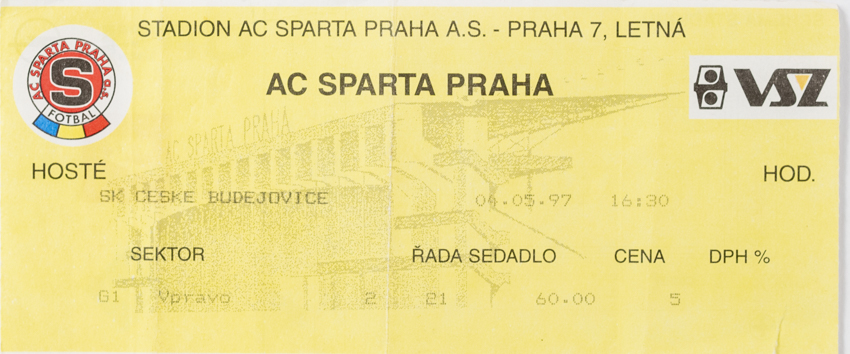 Vstupenka , Sparta Praha v. České Budějovice, 1997