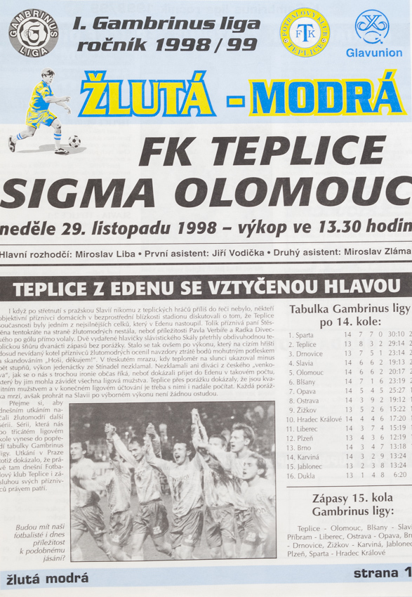 Fotbalový zpravodaj ˇŽlutá-modrá, FK Teplice vs. Sigma Olomouc, 1998