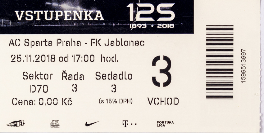 Vstupenka AC Sparta Praha v. FK Jablonec, 2018