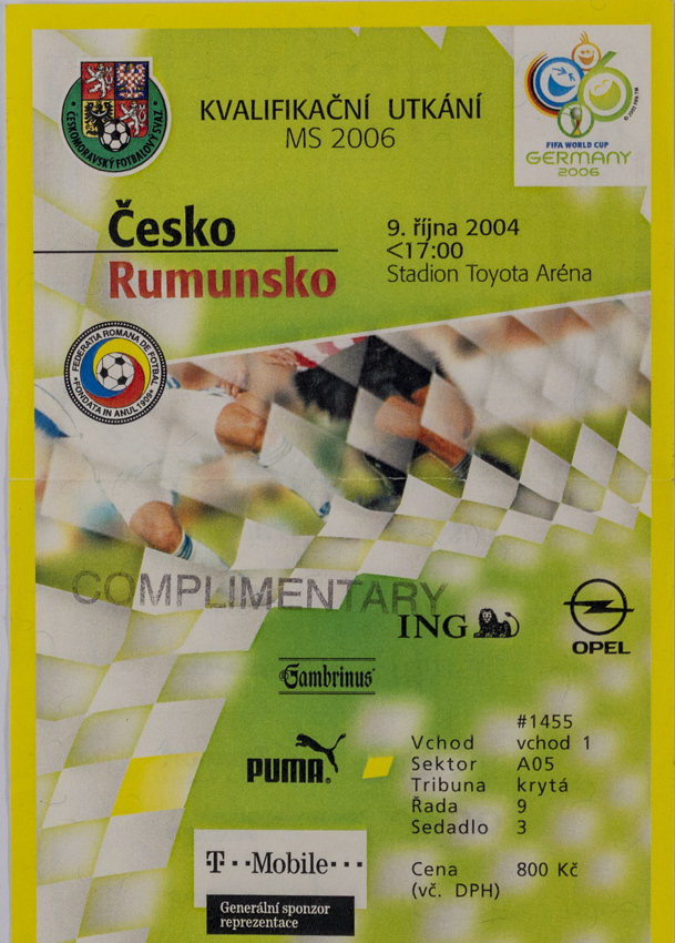 Vstupenka fotbal Česká rep. v. Rumunsko, Q MS, 2004