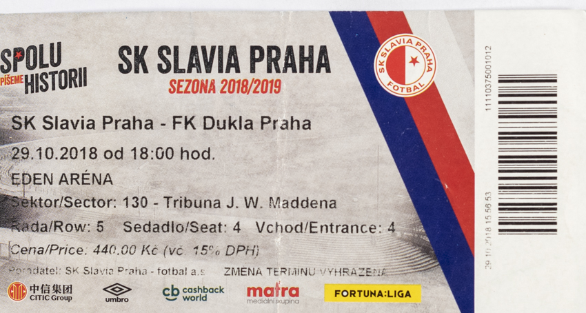 Vstupenka fotbal SK Slavia Praha vs. FK Dukla Praha, 2018