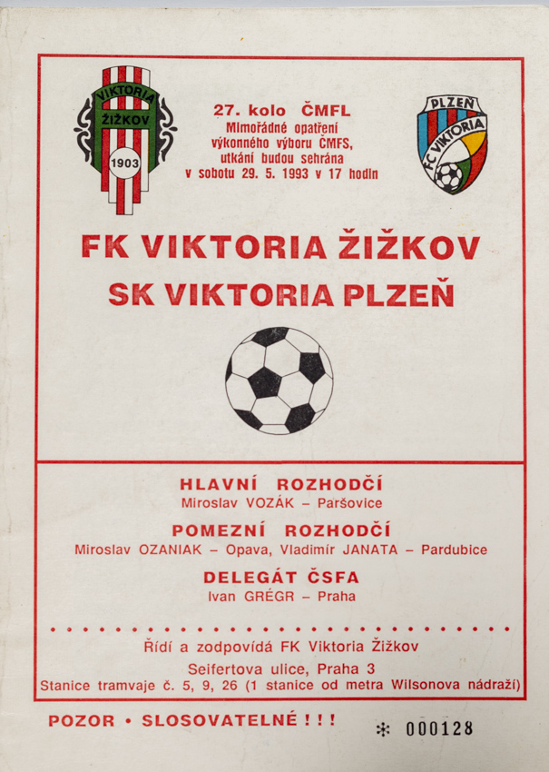 Program - FK Viktoria Žižkov vs. FK Plzeň, 1993