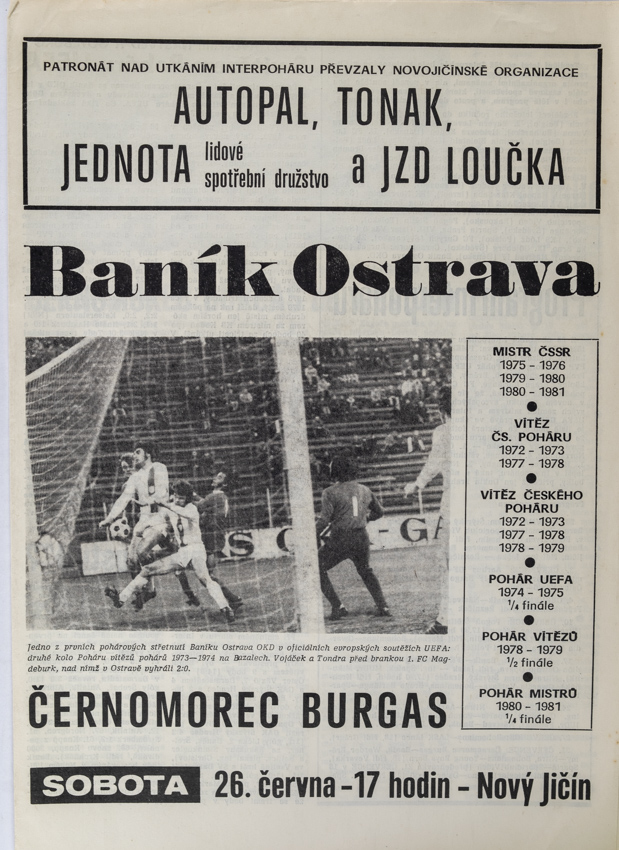Program TJ Banik Ostrava vs. Černoborec Burgas, 1982