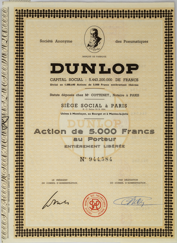 Akcie, Dunlop, 5000 Francs, kupóny
