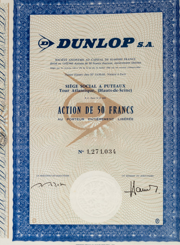Akcie, Dunlop, 50 Francs, kupóny