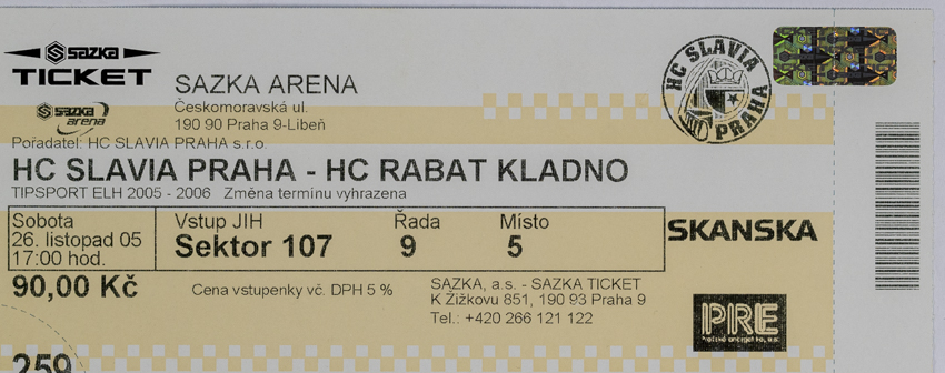 Vstupenka, HC Slavia Praha v. HC Rabat Kladno, 2005