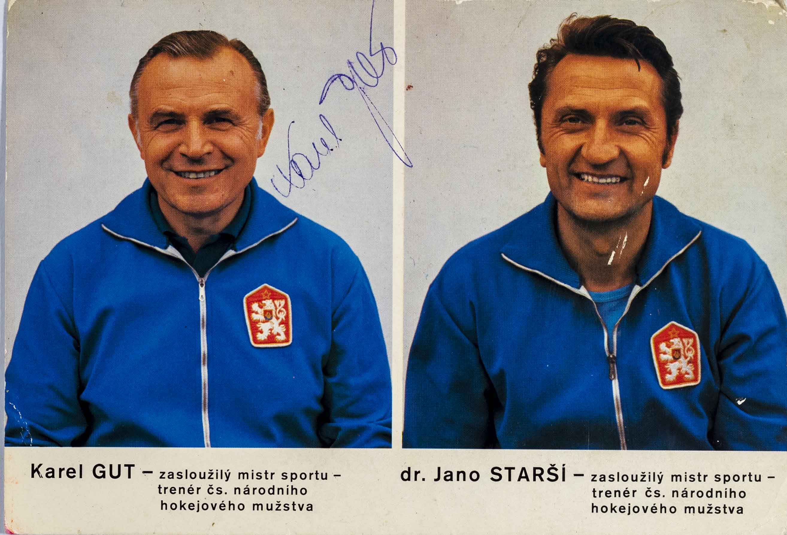 Karta, hokej ČSSR, K. Gut, J. Starší 1976, Katowice, autogram