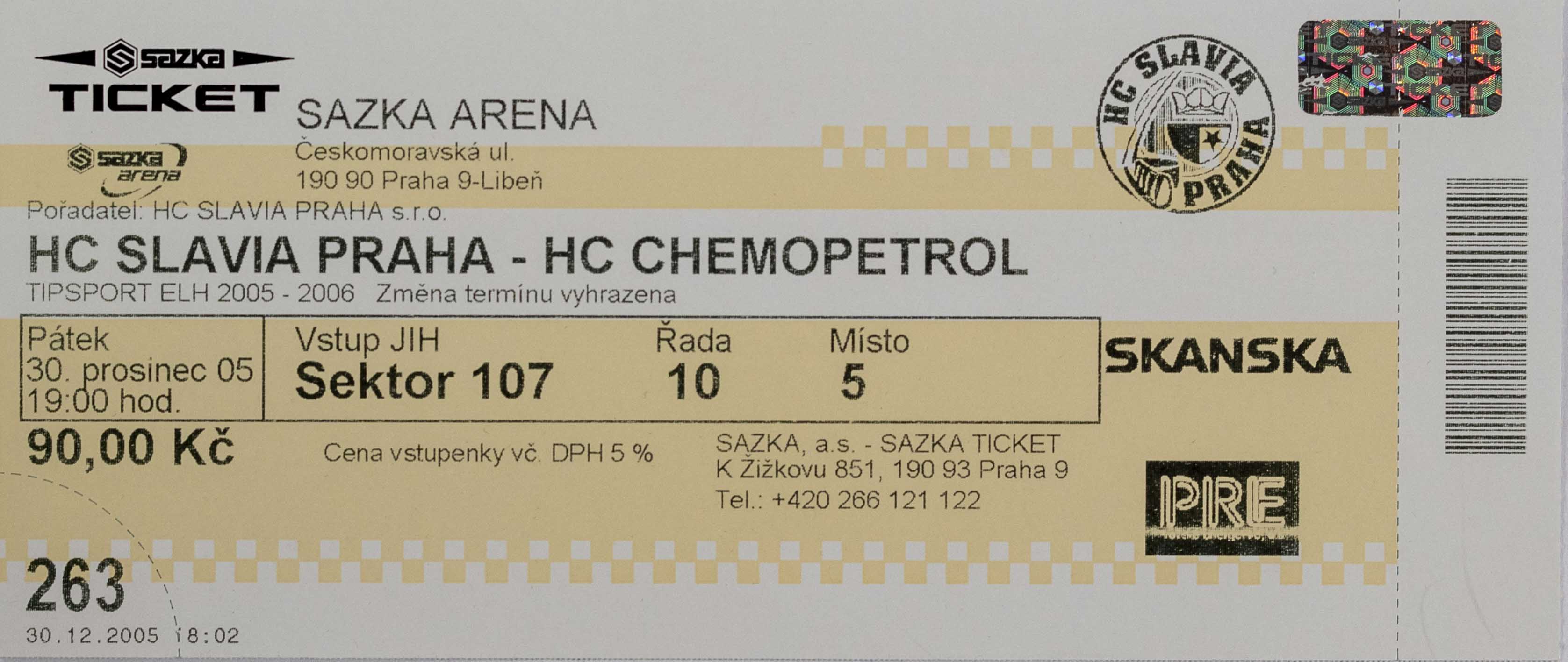 Vstupenka, HC Slavia Praha v. HC Litvínov, 2005