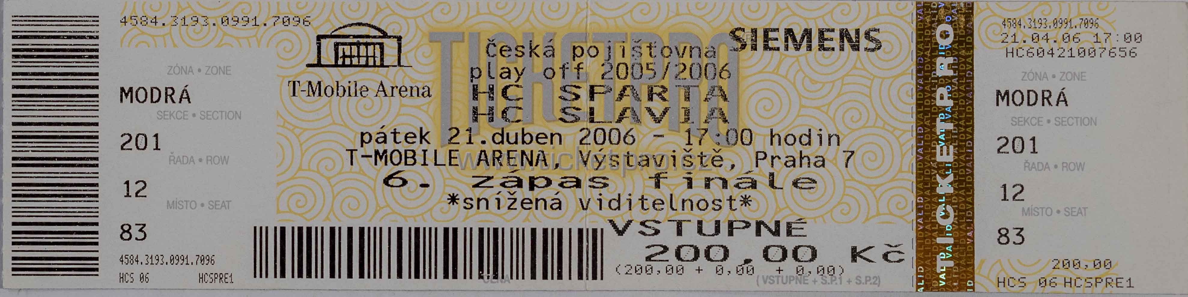 Vstupenka, HC Sparta Praha v. HC Slavia Praha , 2006