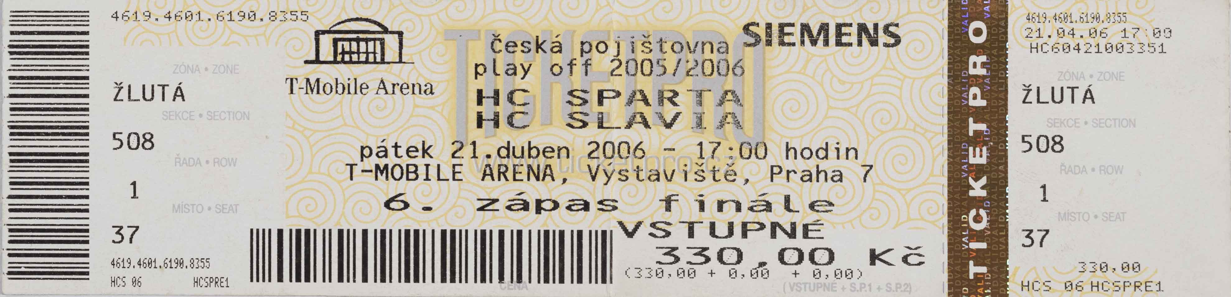 Vstupenka, HC Sparta Praha v. HC Slavia Praha , 2006 II