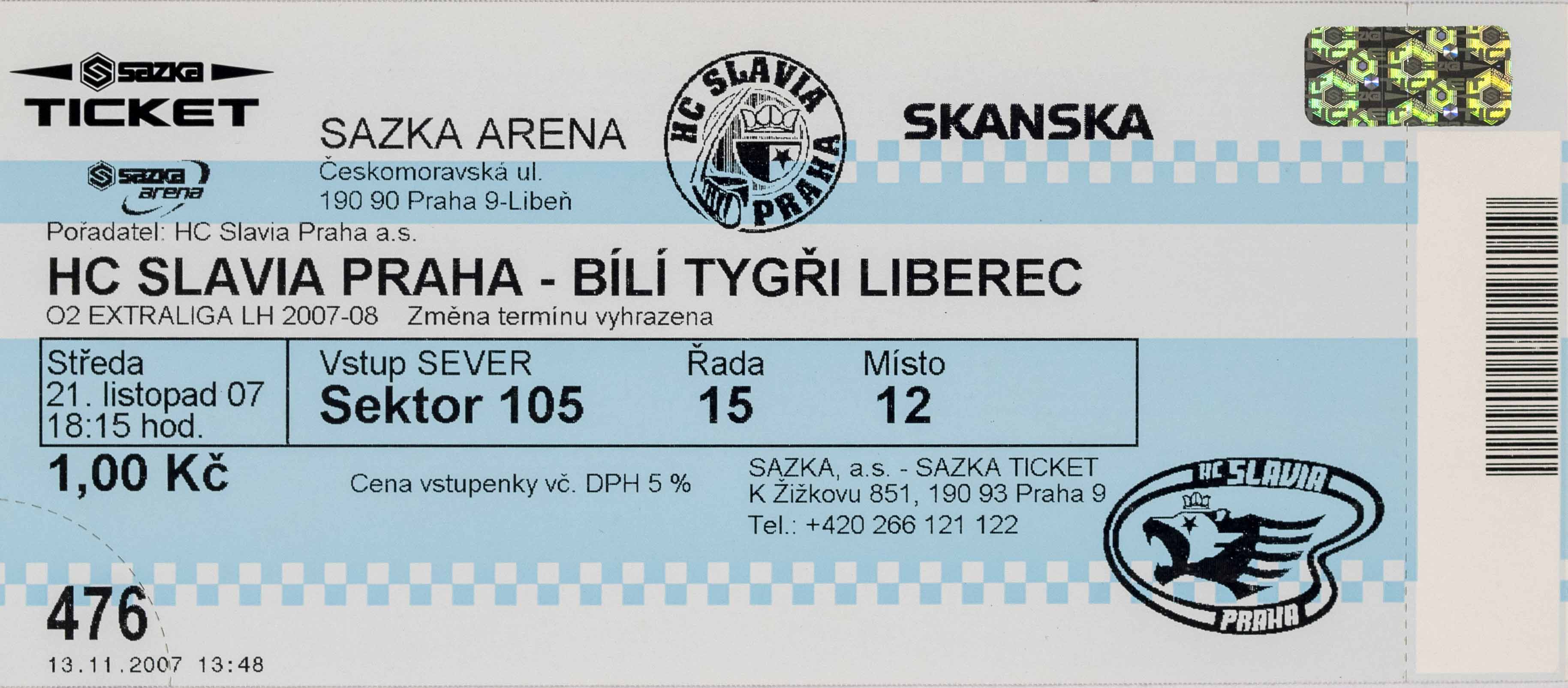 Vstupenka, HC Slavia Praha v. HC Liberec, 2007