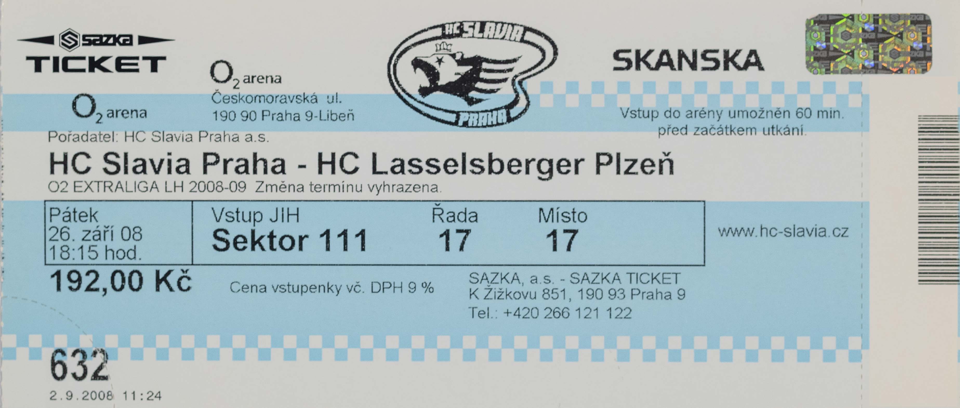 Vstupenka, HC Slavia Praha v. HC Plzeň, 2008