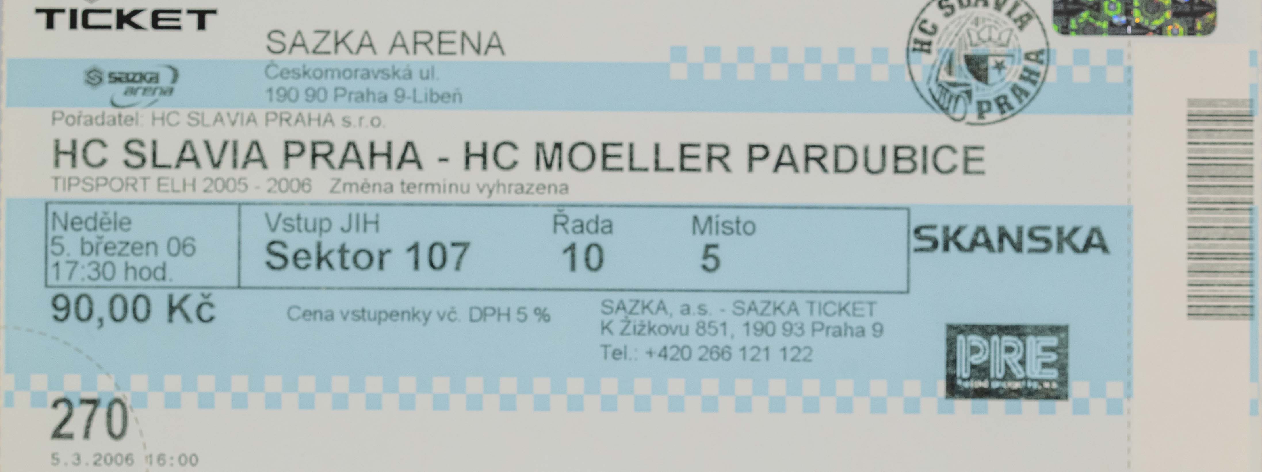 Vstupenka, HC Slavia Praha v. HC Moeller Pardubice, 2006