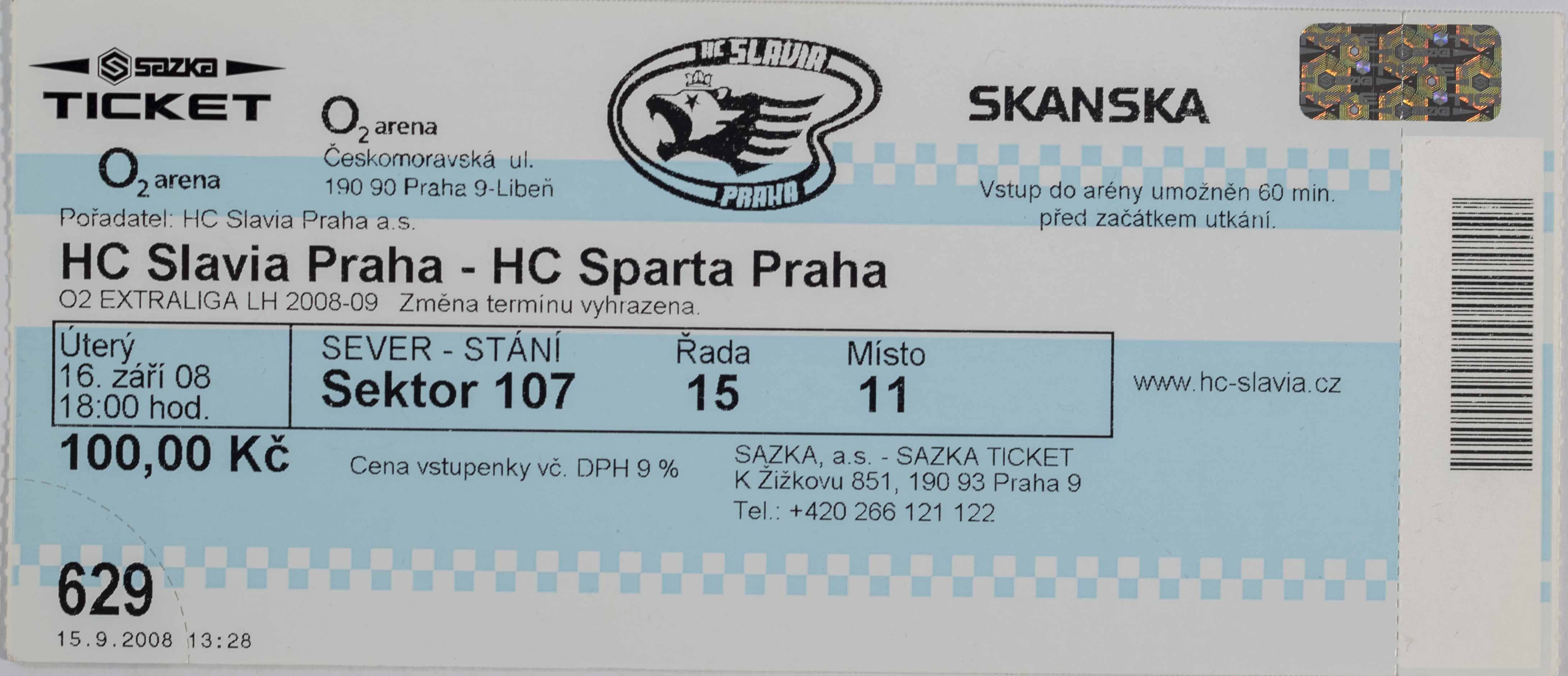 Vstupenka, HC Slavia Praha v. HC Sparta Praha, 2008/2