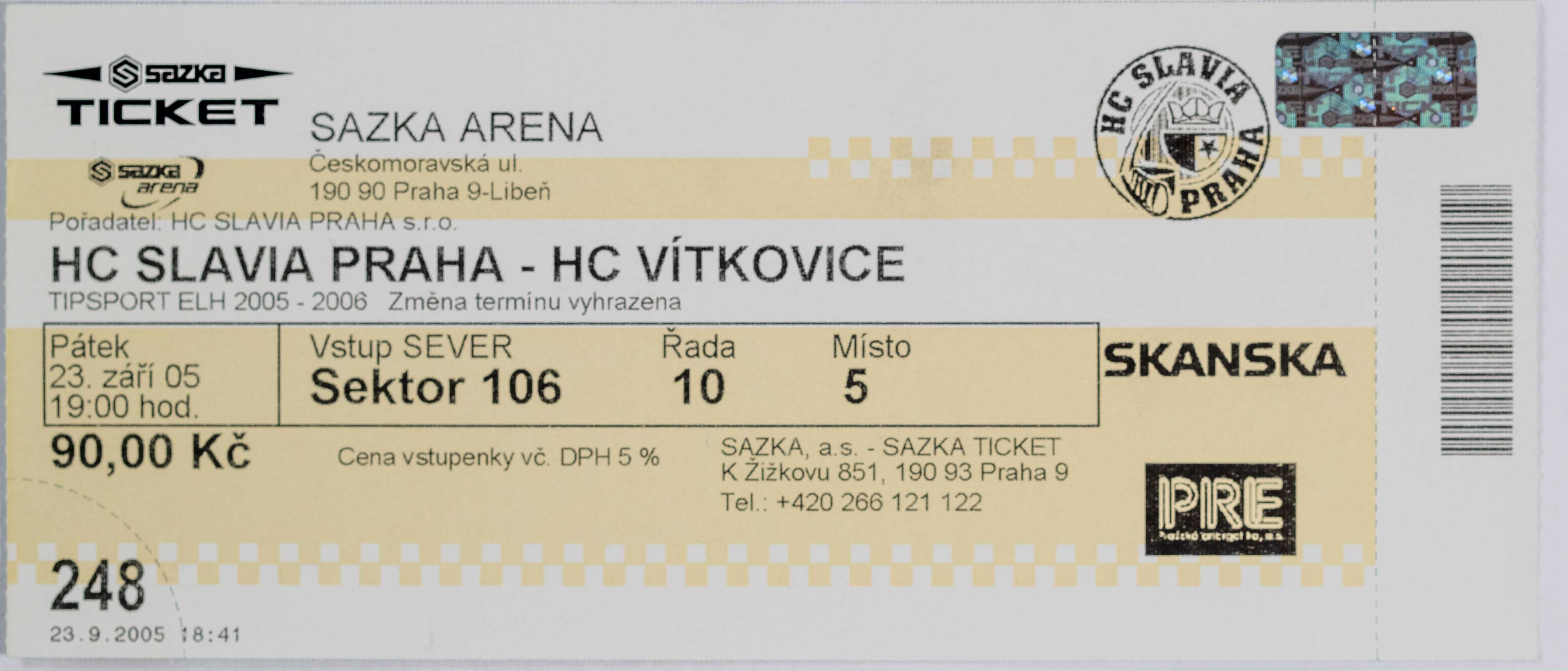 Vstupenka, HC Slavia Praha v. HC Vítkovice, 2005